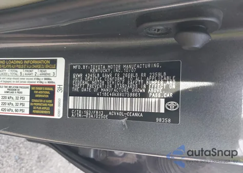 2008 Toyota Camry Le z USA, uszkodzony, nr VIN 4T1BE46K68U759861